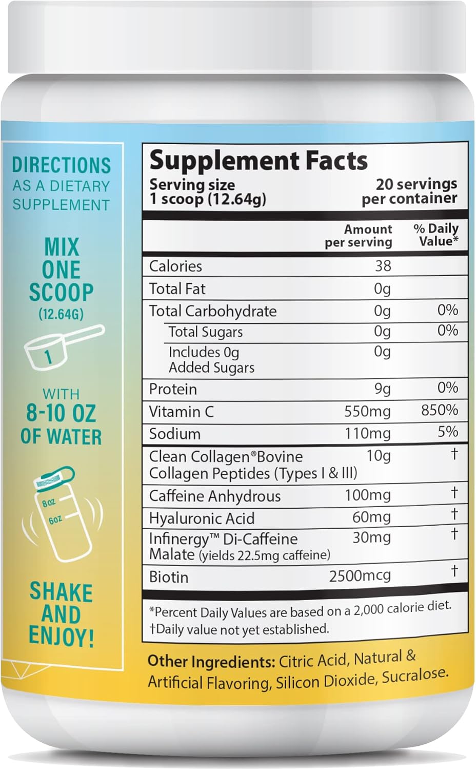 Energy-Boosting Collagen Powder with Caffeine, Vitamin C, Biotin, and Hyaluronic Acid - Pina Colada Flavor - 8.92 oz