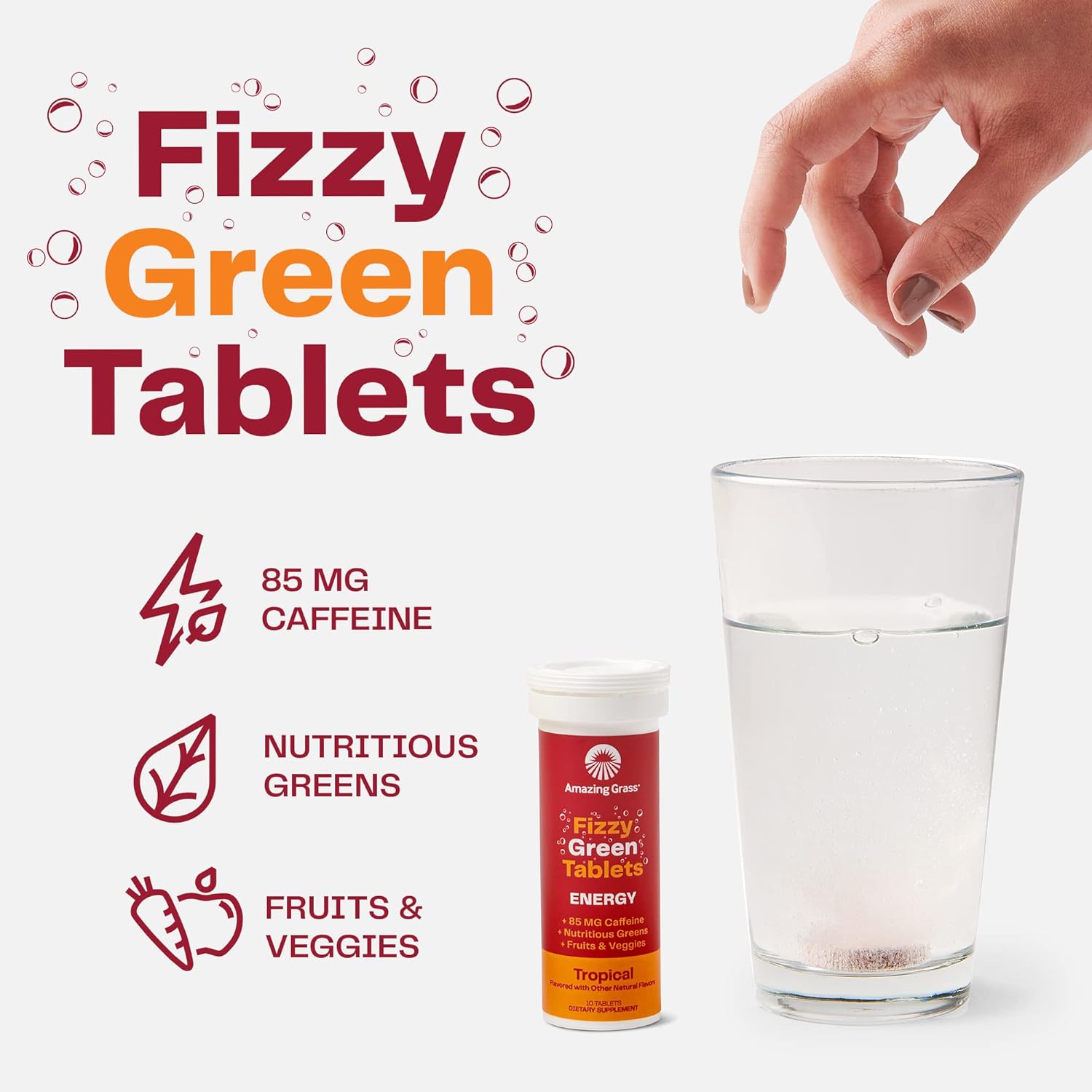 Energy-Boosting Fizzy Green Tablets with Green Tea Caffeine - Tropical Water Flavor, Antioxidants - 10 Count x 6 Pack