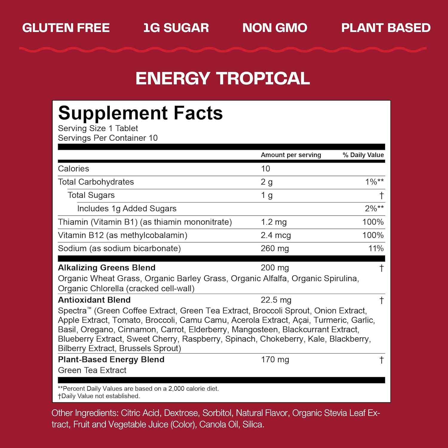 Energy-Boosting Fizzy Green Tablets with Green Tea Caffeine - Tropical Water Flavor, Antioxidants - 10 Count x 6 Pack