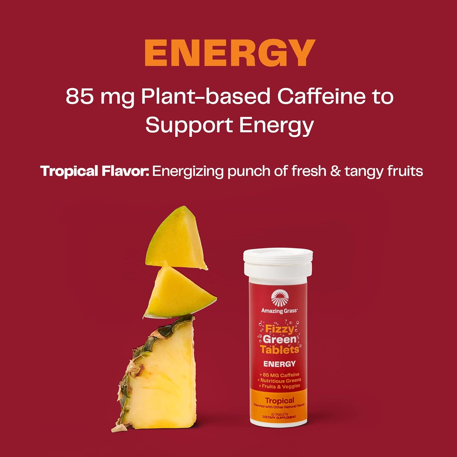 Energy-Boosting Fizzy Green Tablets with Green Tea Caffeine - Tropical Water Flavor, Antioxidants - 10 Count x 6 Pack