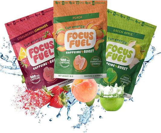 Energy Boosting FocusFuel Chews - Sample Pack of Caffeine Gummies (18 Chews) - 100mg Caffeine - Peach, Green Apple, Strawberry Lemonade - 3 Pack Trial Size