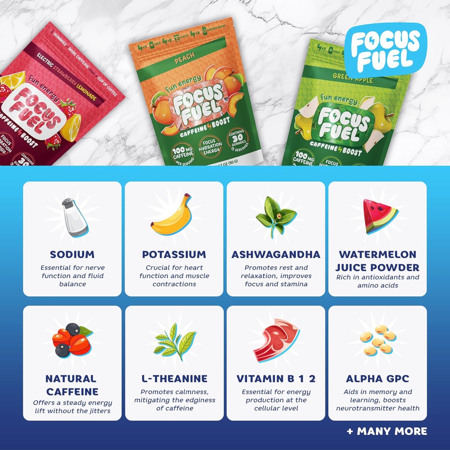 Energy Boosting FocusFuel Chews - Sample Pack of Caffeine Gummies (18 Chews) - 100mg Caffeine - Peach, Green Apple, Strawberry Lemonade - 3 Pack Trial Size