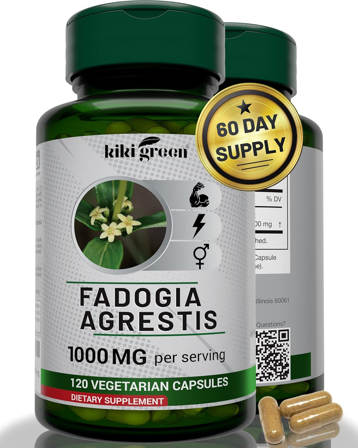 Energy-Boosting KIKI Green Fadogia Agrestis Herbal Supplement - 120 Vegan Capsules, 1000mg - Vitality and Well-Being Support