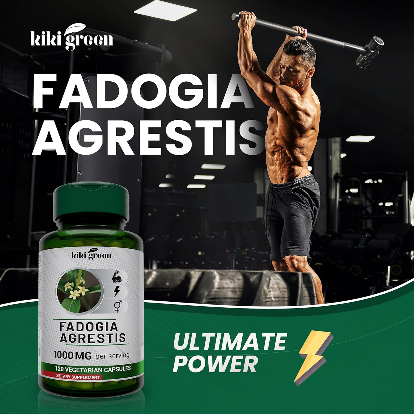 Energy-Boosting KIKI Green Fadogia Agrestis Herbal Supplement - 120 Vegan Capsules, 1000mg - Vitality and Well-Being Support