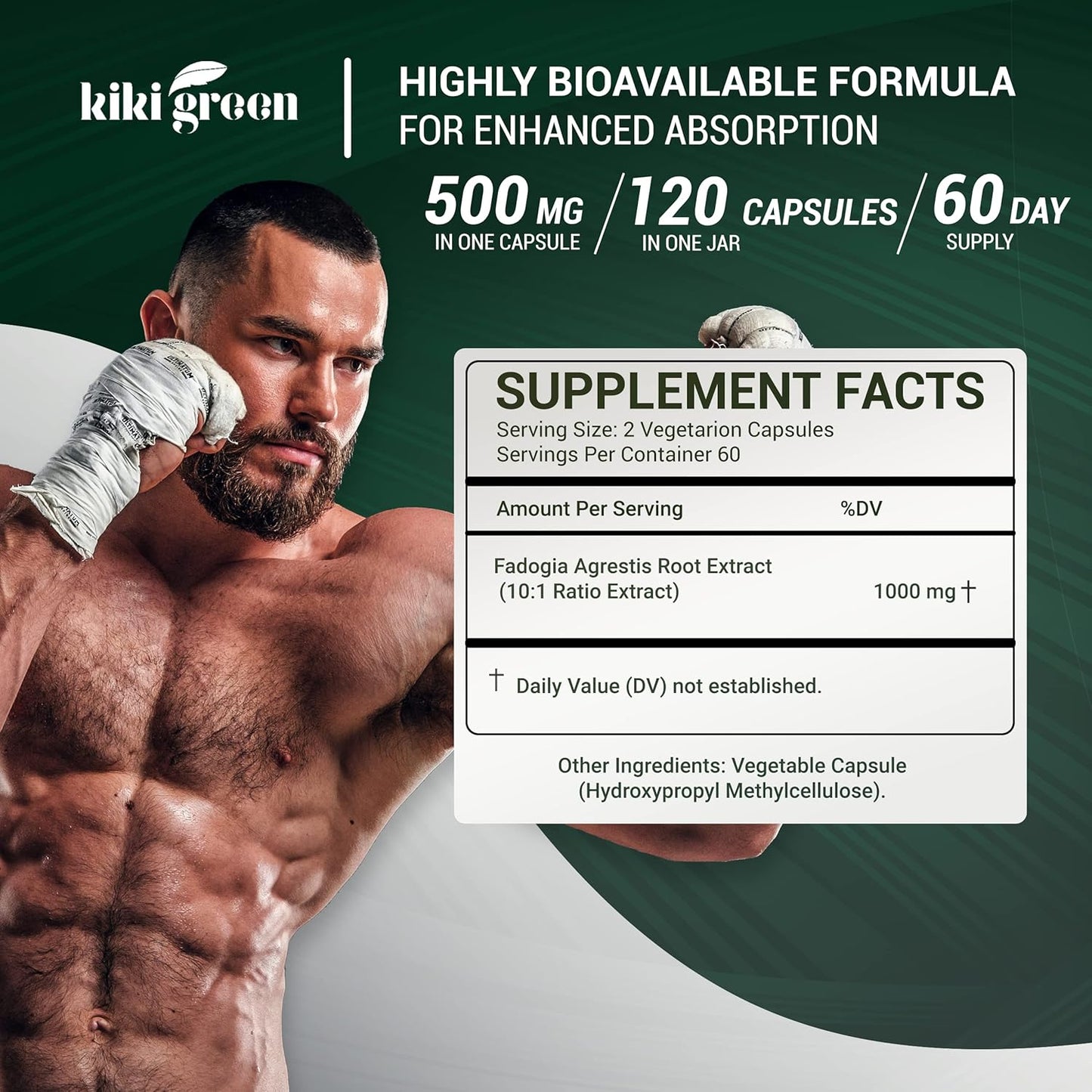 Energy-Boosting KIKI Green Fadogia Agrestis Herbal Supplement - 120 Vegan Capsules, 1000mg - Vitality and Well-Being Support