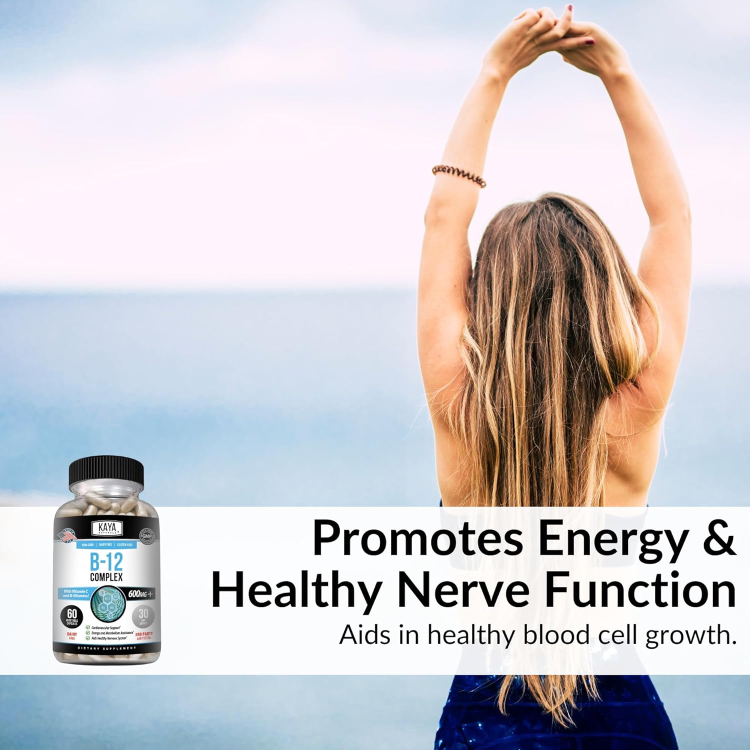 Energy-Boosting Multivitamin Supplement with B-12 Complex, Biotin, Choline, Inositol, Folate, and Vitamin C for Men & Women - 60 Count