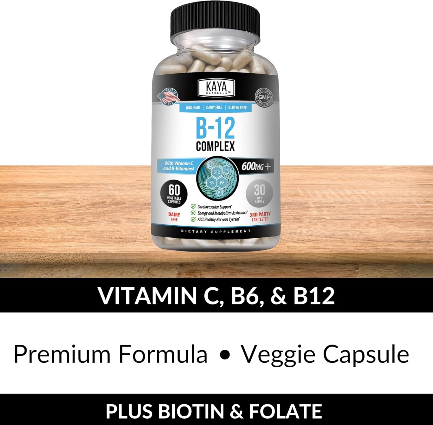 Energy-Boosting Multivitamin Supplement with B-12 Complex, Biotin, Choline, Inositol, Folate, and Vitamin C for Men & Women - 60 Count