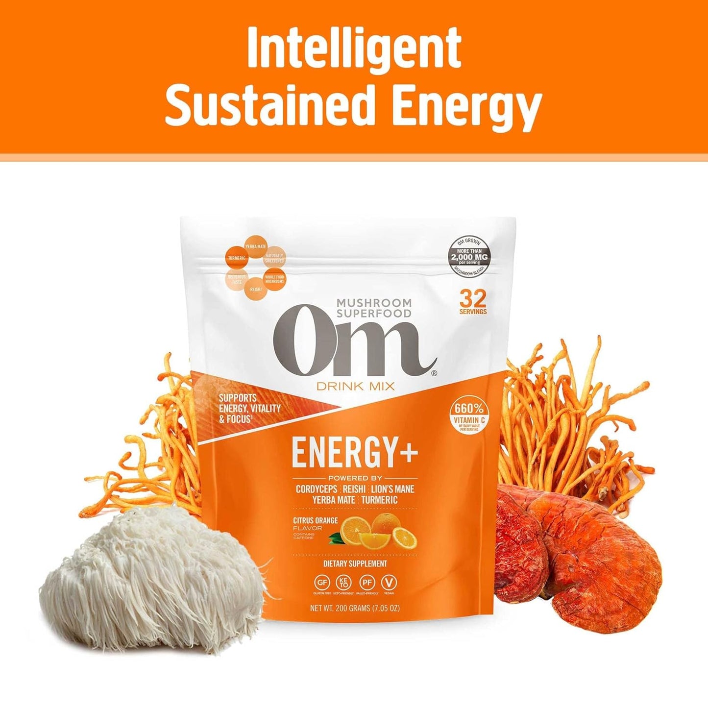 Energy-Boosting Mushroom Powder Mix with Cordyceps, Turmeric & B Vitamins, Citrus Orange Flavor - 7.05oz, 32 Servings, Pre-Workout & Immune Support