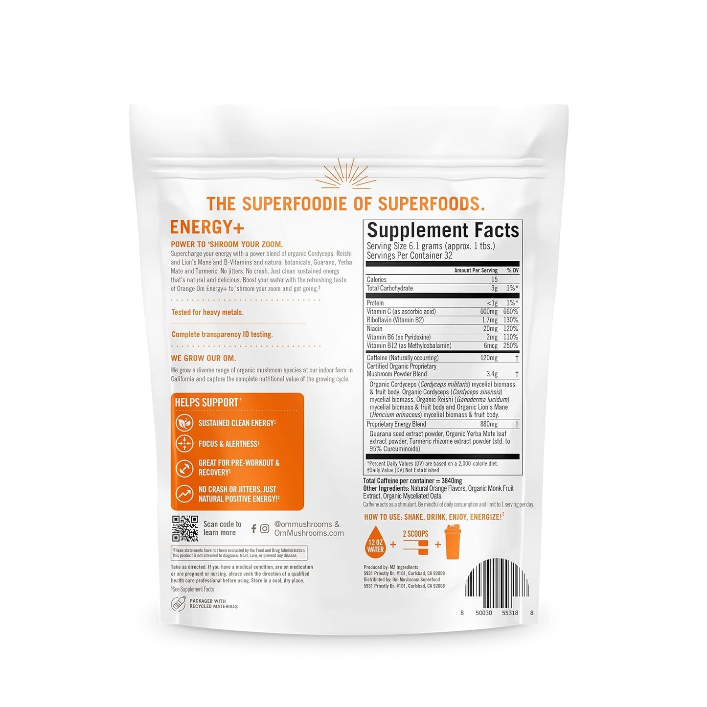 Energy-Boosting Mushroom Powder Mix with Cordyceps, Turmeric & B Vitamins, Citrus Orange Flavor - 7.05oz, 32 Servings, Pre-Workout & Immune Support