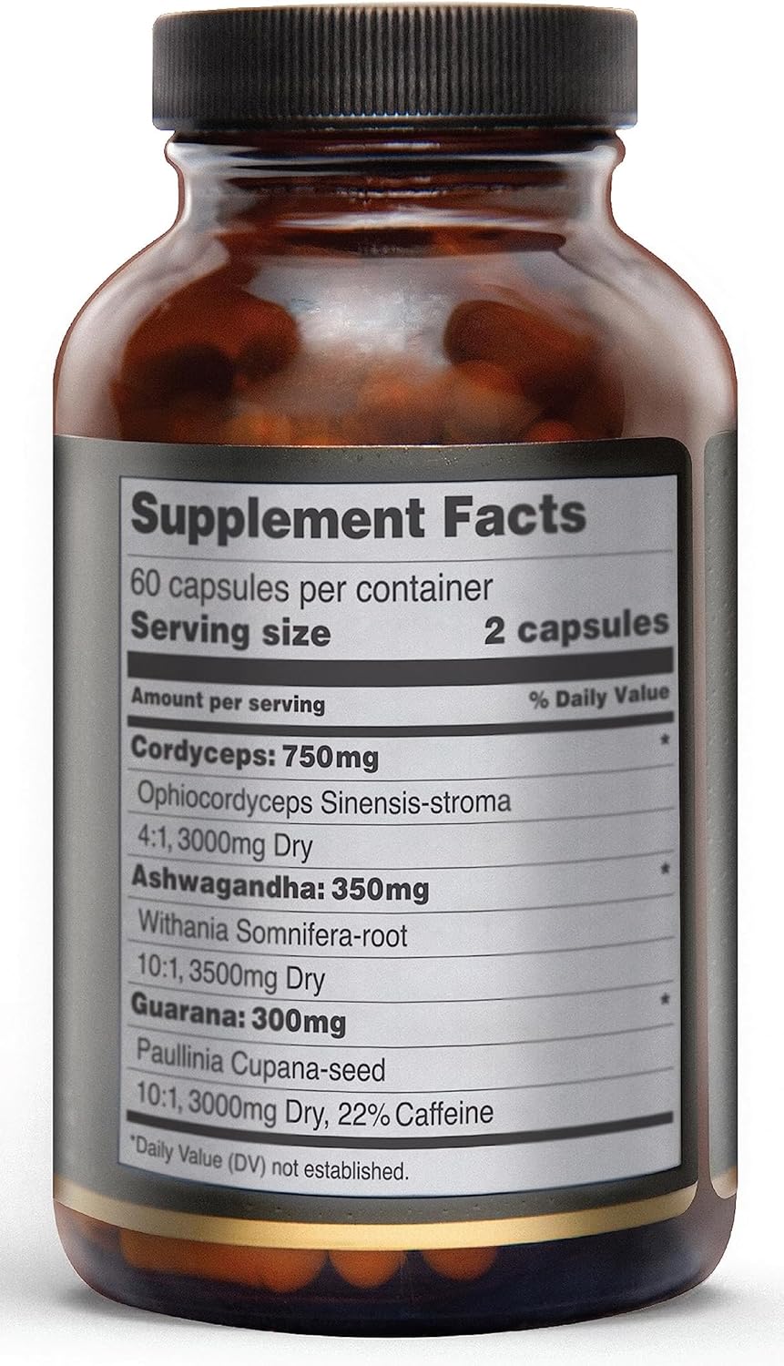 Energy-Boosting Mushroom Supplement with Cordyceps, Ashwagandha, and Guarana - 3X Mushroom Strength - Enhances Energy and Stamina - 60 Capsules