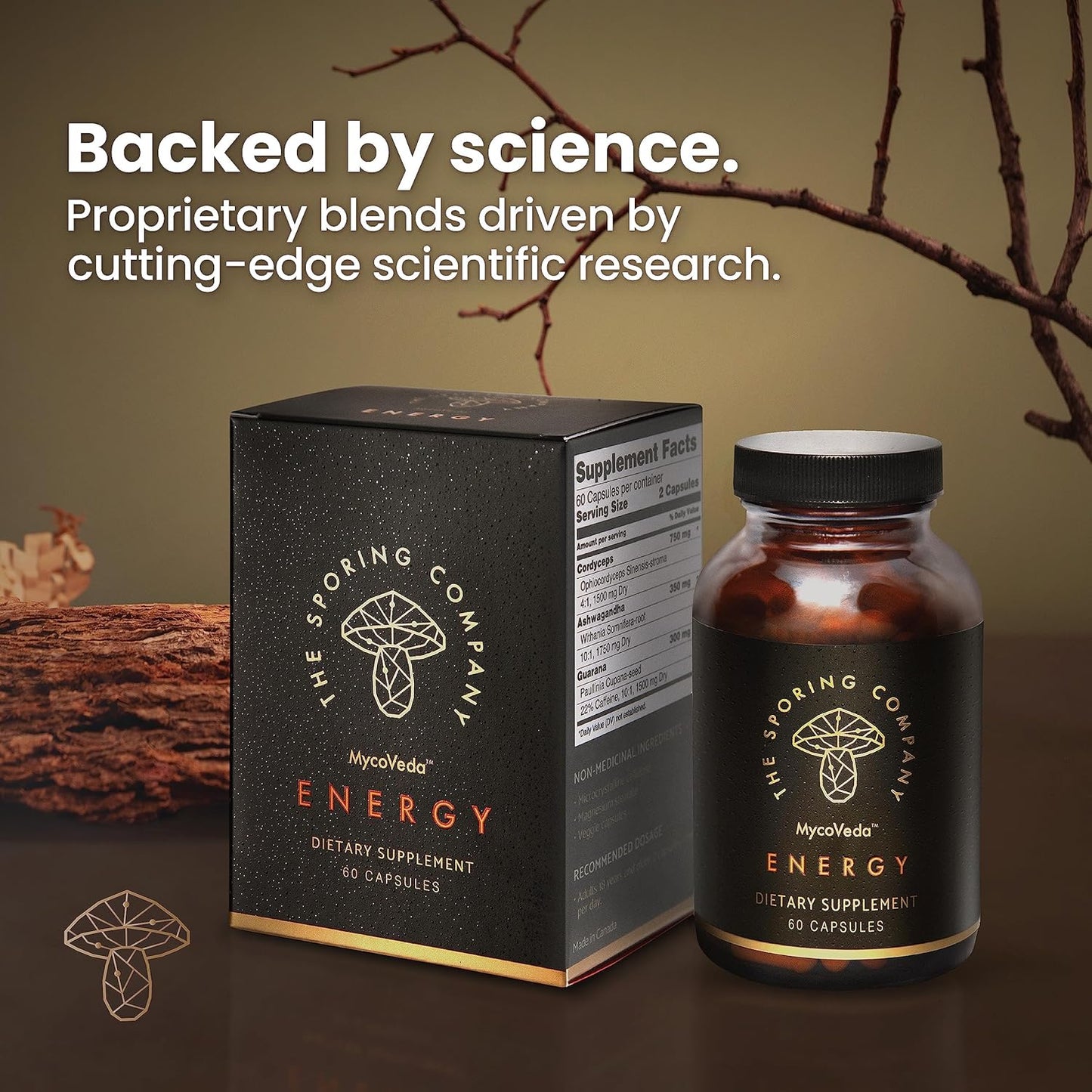 Energy-Boosting Mushroom Supplement with Cordyceps, Ashwagandha, and Guarana - 3X Mushroom Strength - Enhances Energy and Stamina - 60 Capsules