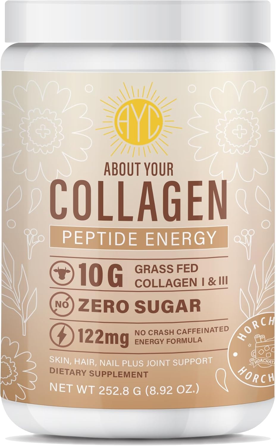Energy Collagen Powder with Caffeine, Vitamin C, Biotin & Hyaluronic Acid for Hair, Skin & Nails - 8.92 oz (Horchata)