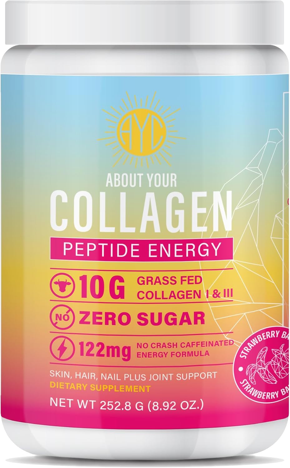 Energy Collagen Powder with Caffeine, Vitamin C, Biotin & Hyaluronic Acid - Hair, Nail, Skin Support - Type I & III - Strawberry Banana Flavor - 8.92 oz