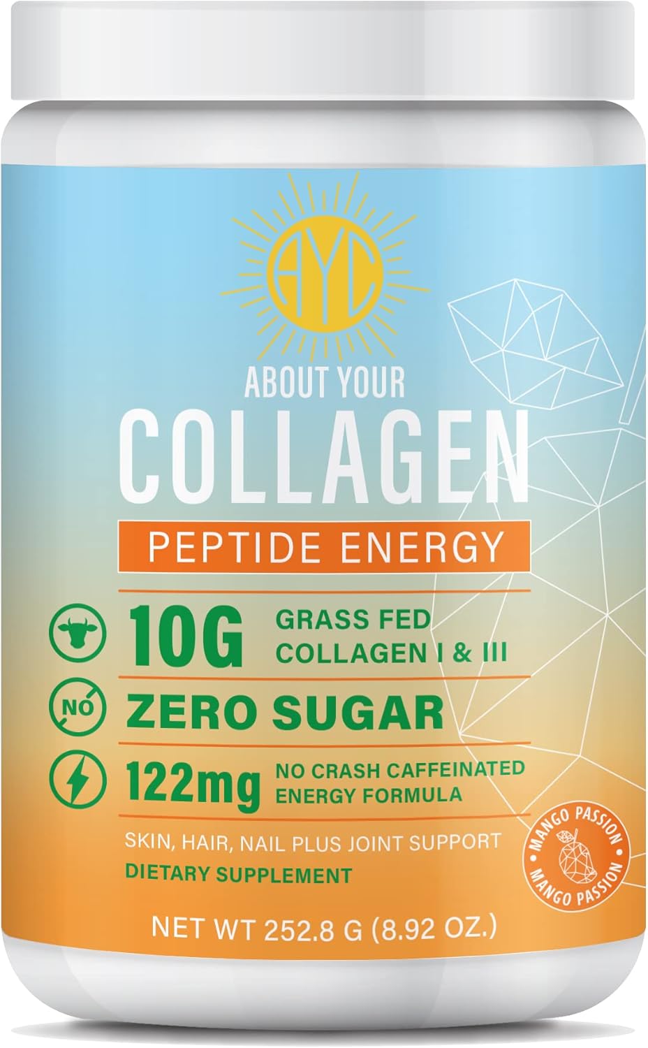 Energy Collagen Powder with Caffeine, Vitamin C, Biotin & Hyaluronic Acid for Hair, Skin & Nails - Mango Passion 8.92 oz