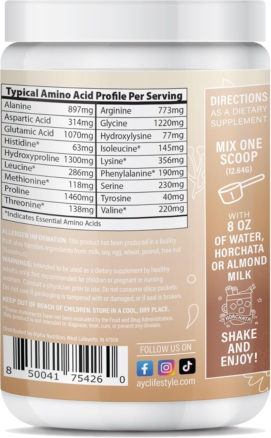 Energy Collagen Powder with Caffeine, Vitamin C, Biotin & Hyaluronic Acid for Hair, Skin & Nails - 8.92 oz (Horchata)
