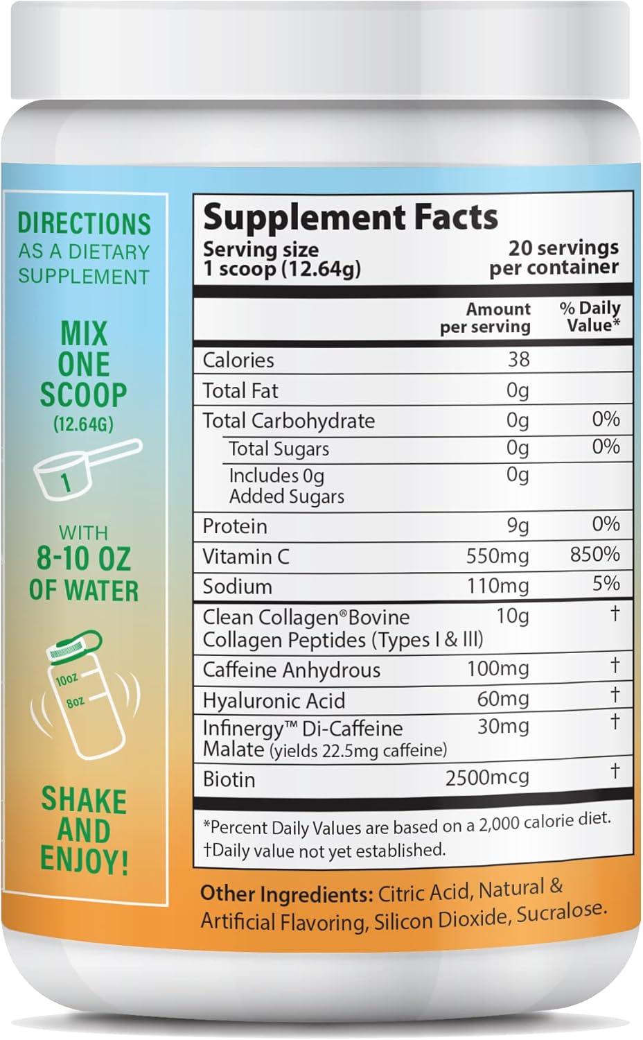 Energy Collagen Powder with Caffeine, Vitamin C, Biotin & Hyaluronic Acid for Hair, Skin & Nails - Mango Passion 8.92 oz