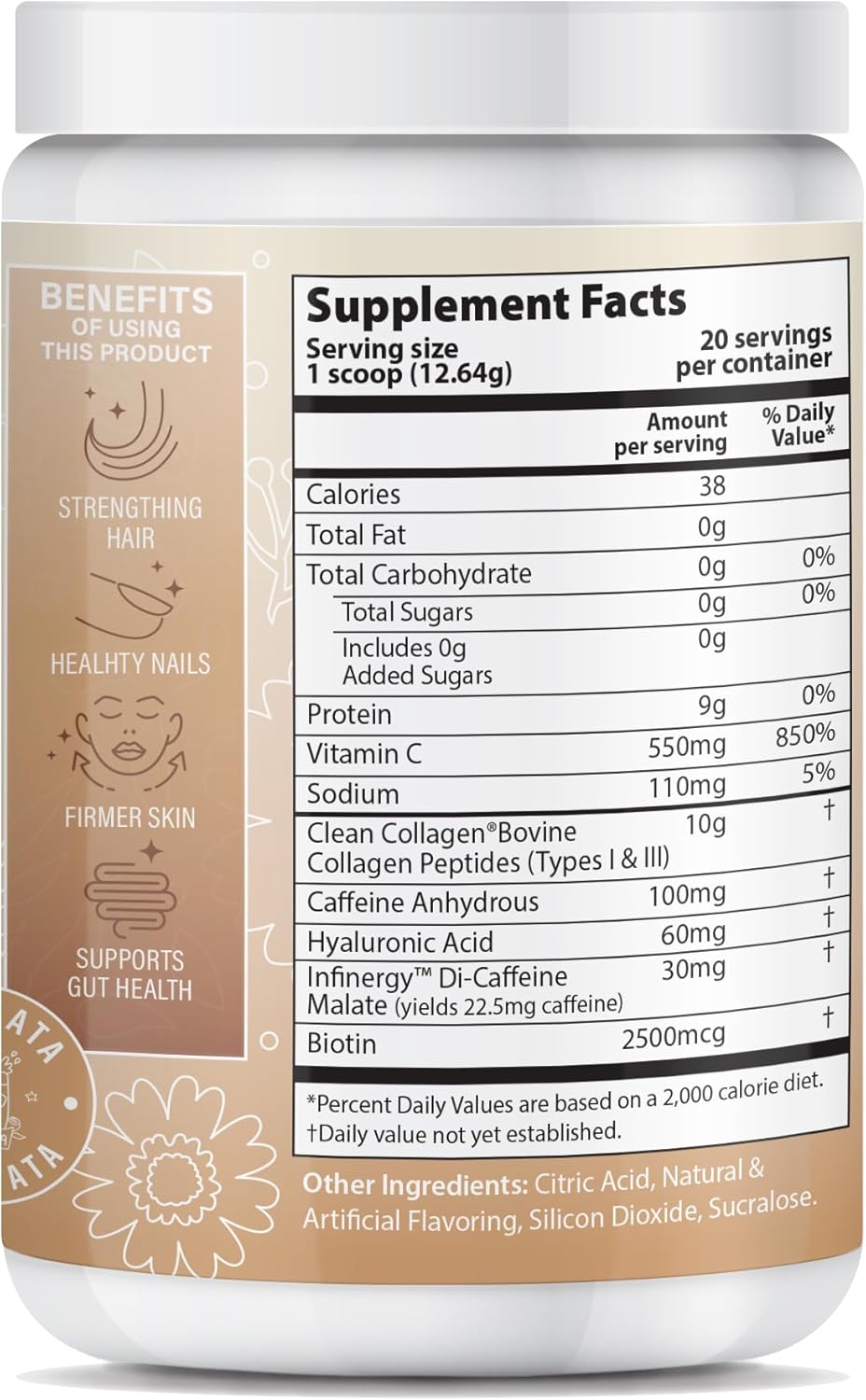Energy Collagen Powder with Caffeine, Vitamin C, Biotin & Hyaluronic Acid for Hair, Skin & Nails - 8.92 oz (Horchata)