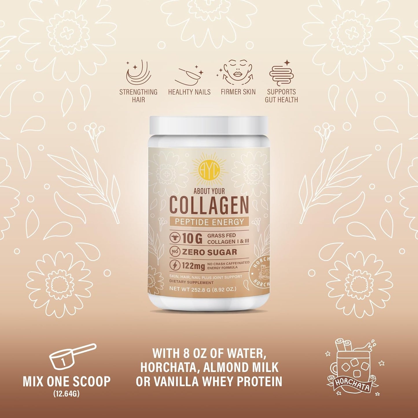 Energy Collagen Powder with Caffeine, Vitamin C, Biotin & Hyaluronic Acid for Hair, Skin & Nails - 8.92 oz (Horchata)