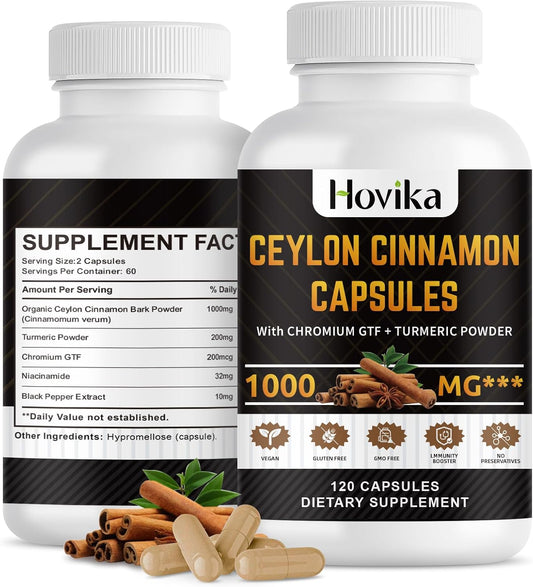 Energy, Heart, and Metabolism Support Vegan Capsules with Ceylon Cinnamon, Turmeric, and Chromium GTF - 120 Capsules for Men and Women