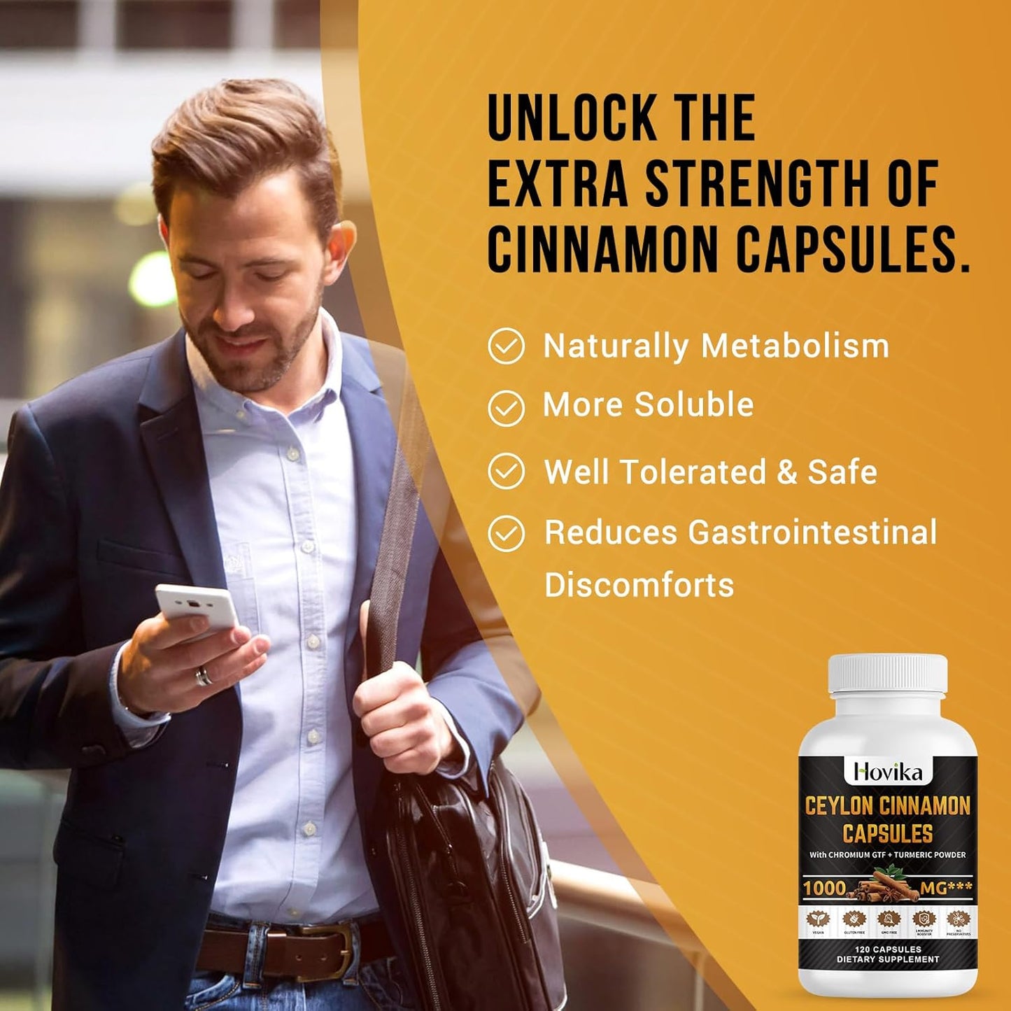 Energy, Heart, and Metabolism Support Vegan Capsules with Ceylon Cinnamon, Turmeric, and Chromium GTF - 120 Capsules for Men and Women