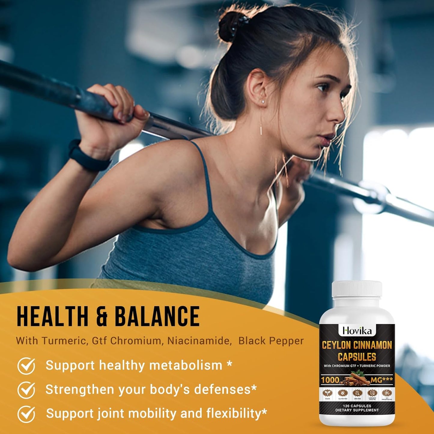 Energy, Heart, and Metabolism Support Vegan Capsules with Ceylon Cinnamon, Turmeric, and Chromium GTF - 120 Capsules for Men and Women