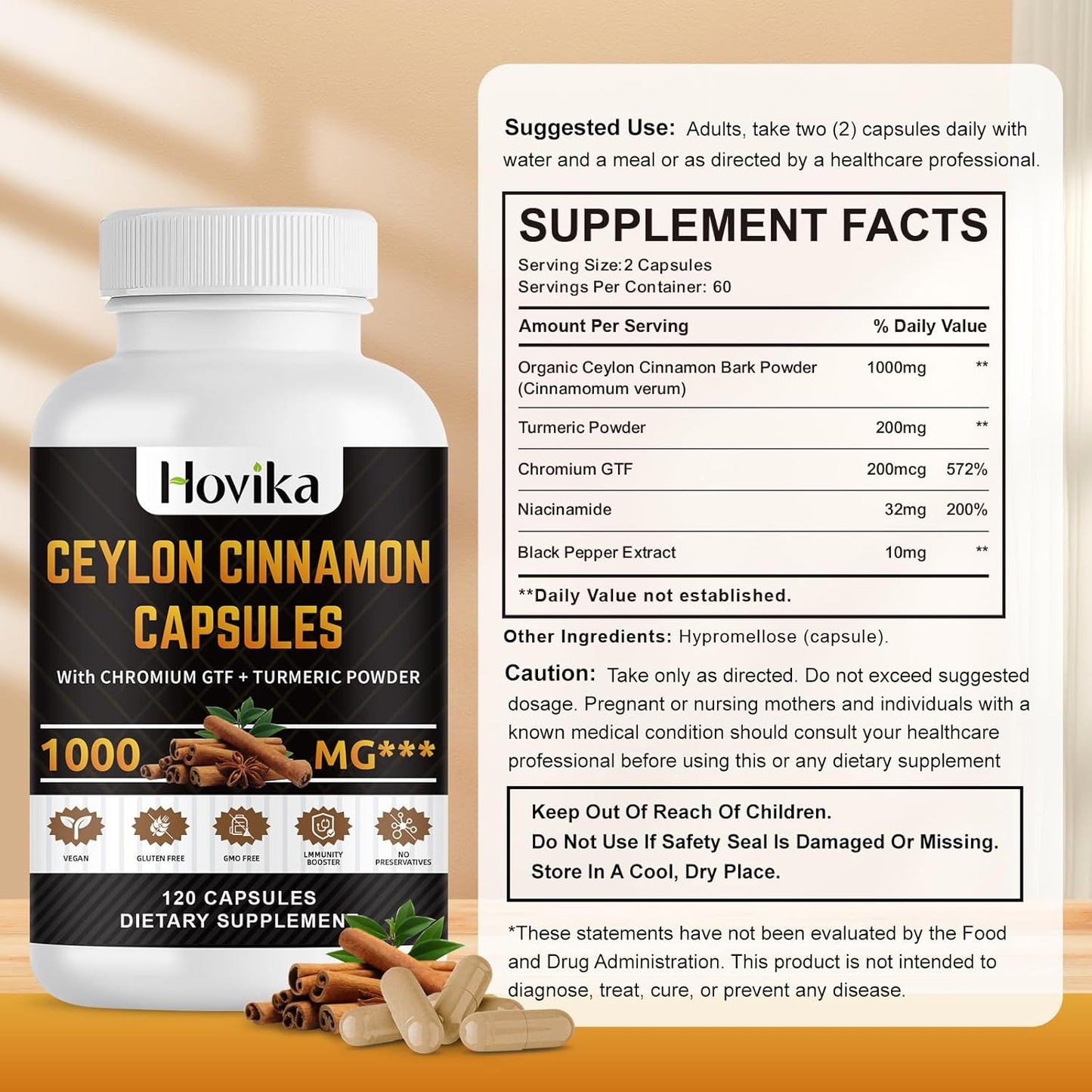 Energy, Heart, and Metabolism Support Vegan Capsules with Ceylon Cinnamon, Turmeric, and Chromium GTF - 120 Capsules for Men and Women