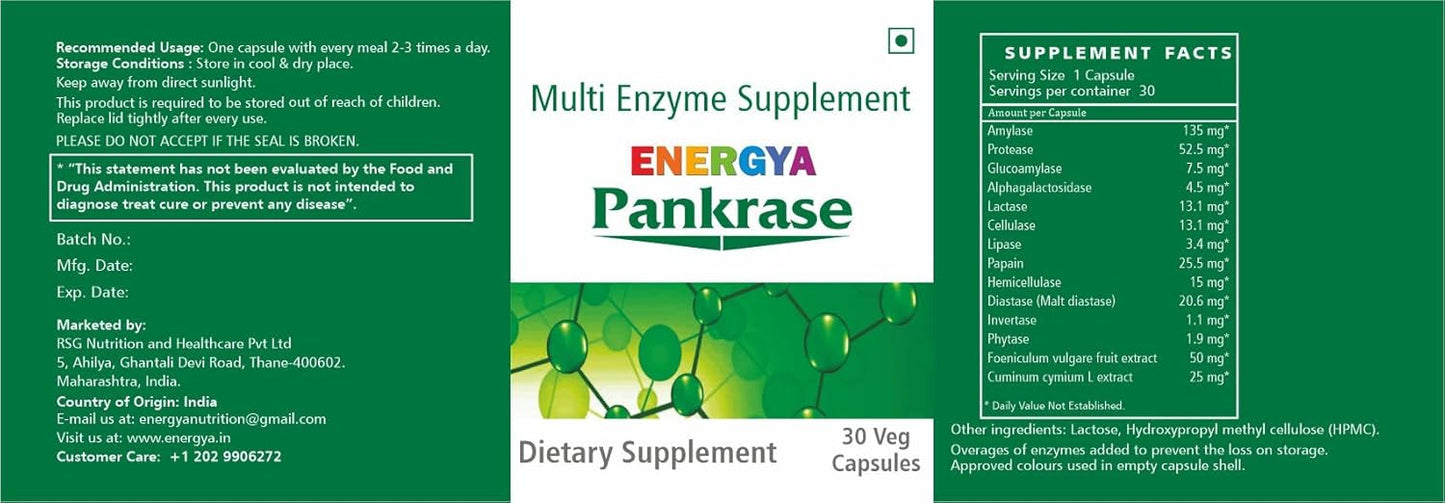 ENERGYA PANKRASE Digestive Enzymes - Physician Recommended for Gas, Bloating, and Nutrient Absorption | Advanced Processing for Maximum Effectiveness