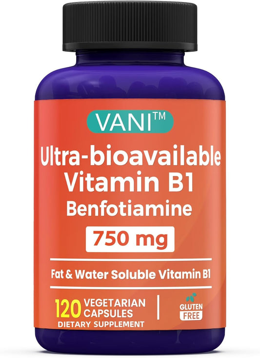 Enhanced Formula VANI Vitamin B1 Supplement with 750mg Benfotiamine - 2 in 1 Fat & Water Soluble Thiamine | 120 Capsules (Gluten Free)
