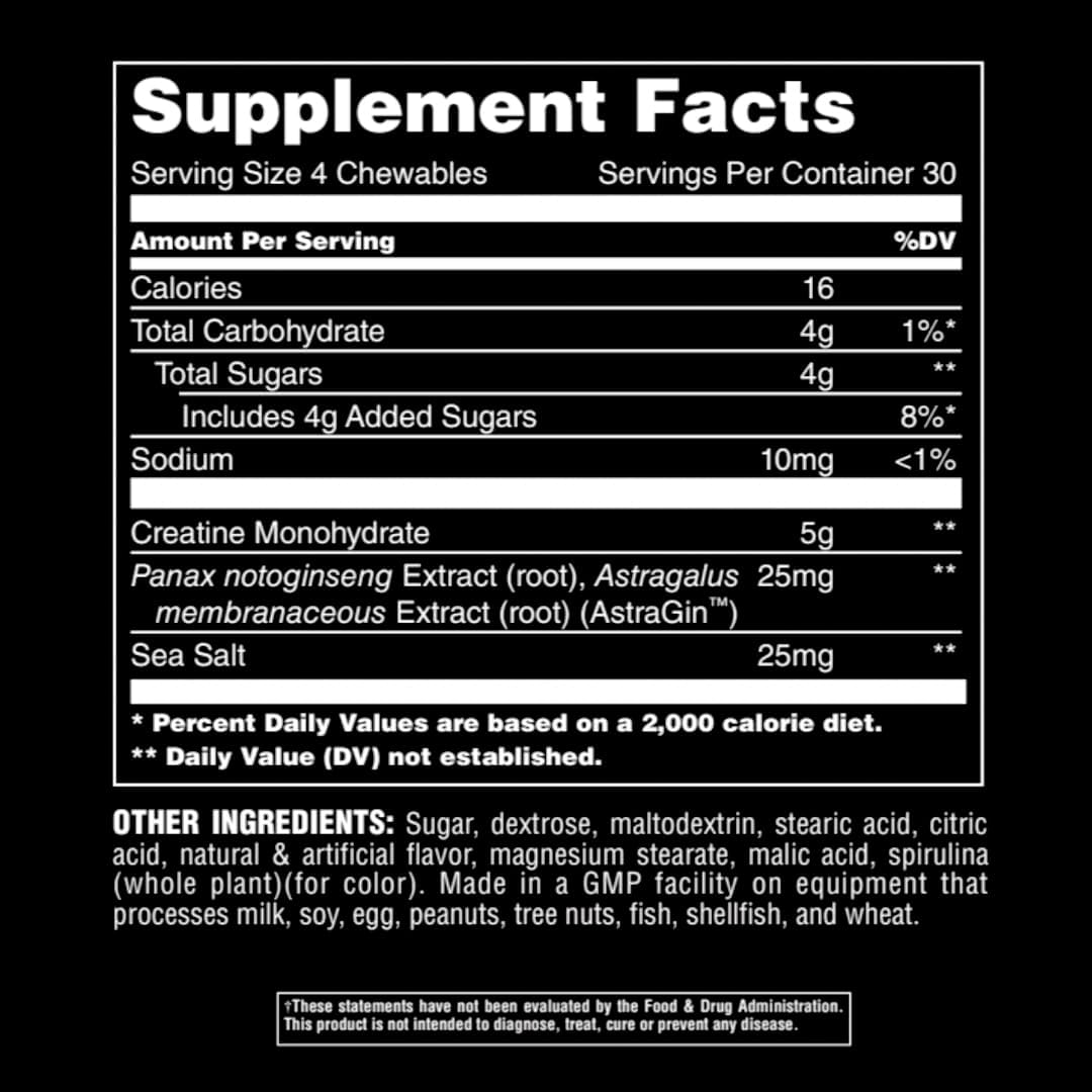 Enhanced Green Apple Creatine Chews Tablets with AstraGin for Improved Absorption and Sea Salt for Added Pumps