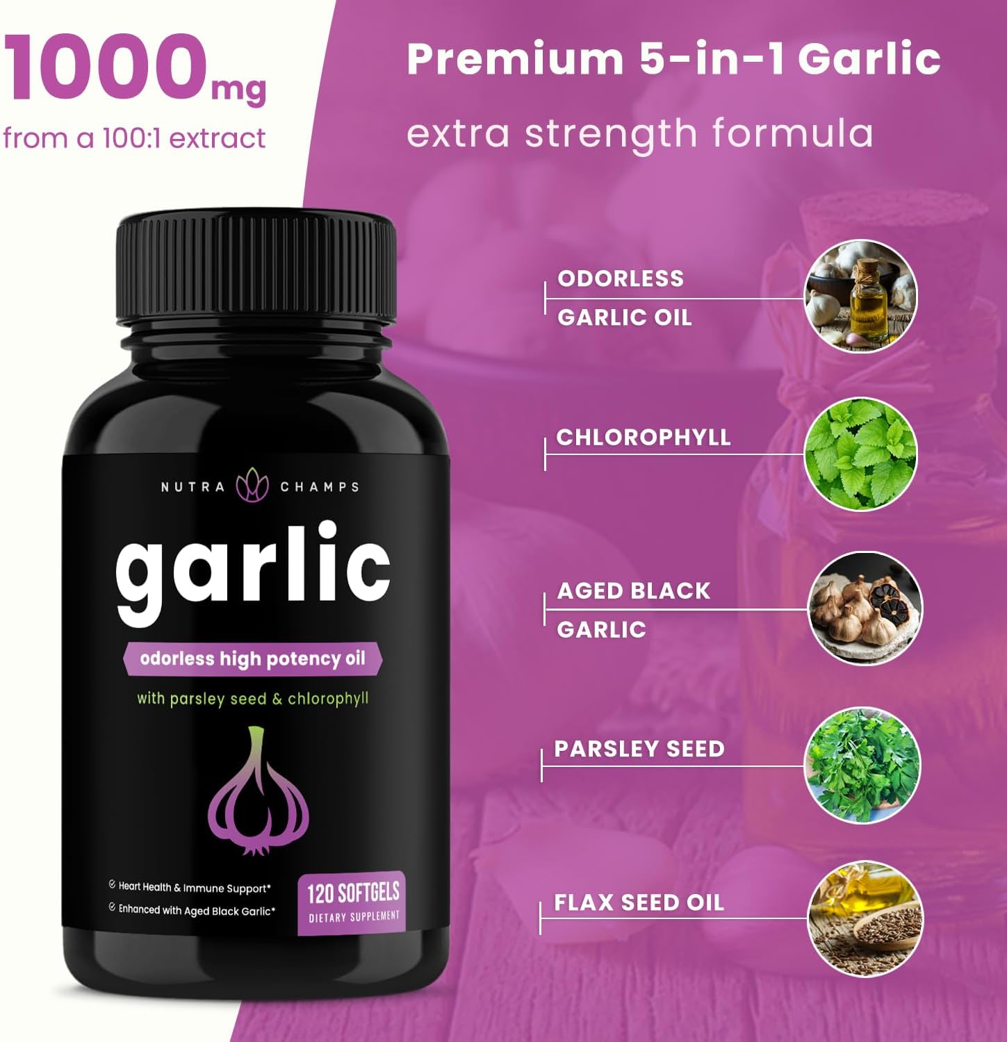 Enhanced Immune Support Garlic Oil Softgels with Parsley, Chlorophyll & Aged Garlic Extract - 1000mg