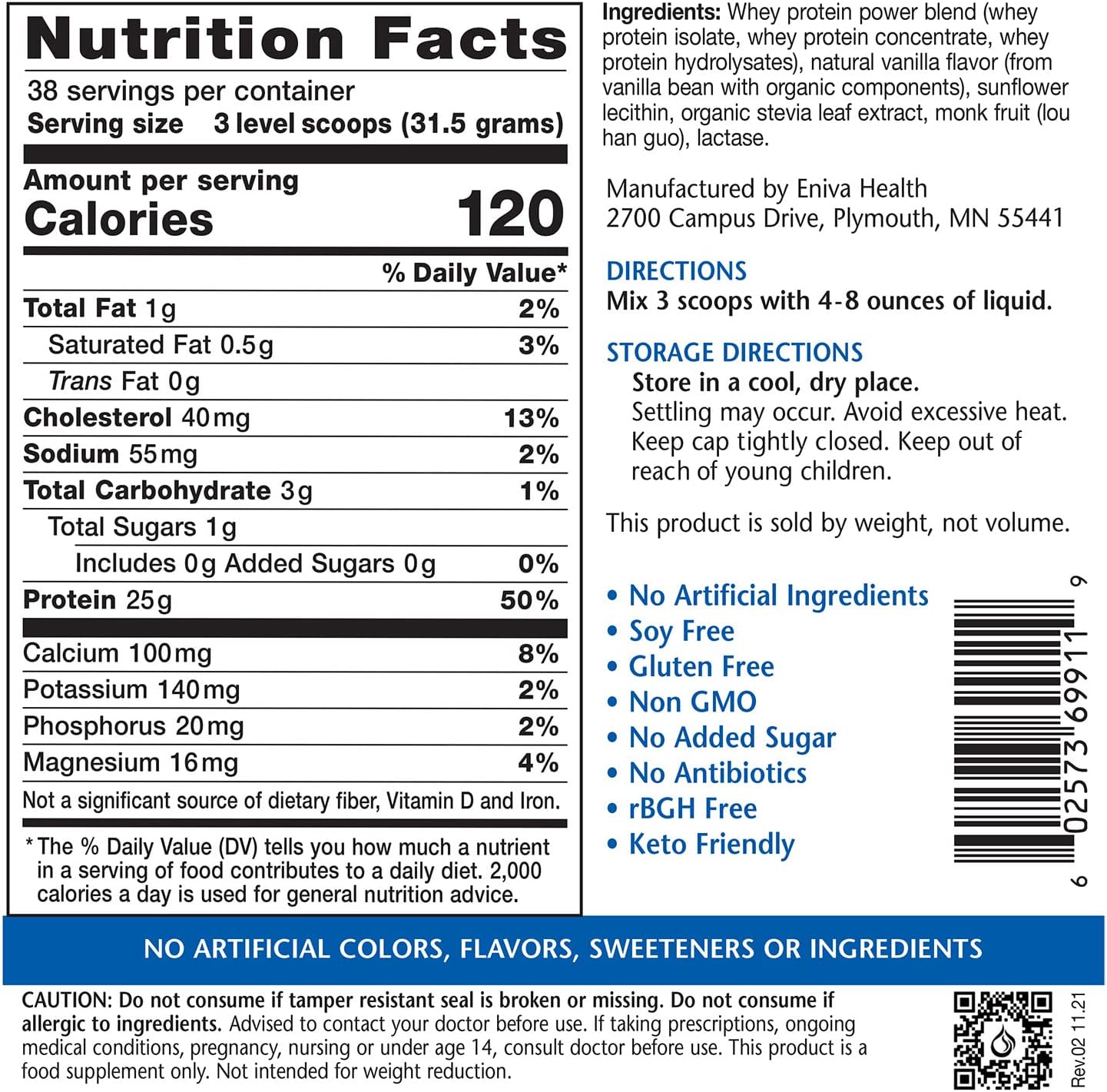 Eniva Health Grass Fed Whey Protein Powder - Organic Vanilla Flavor - Keto-Friendly - High Protein - Low Carb - Gluten Free - Non GMO - Soy Free - USA Made - 2.64 lbs