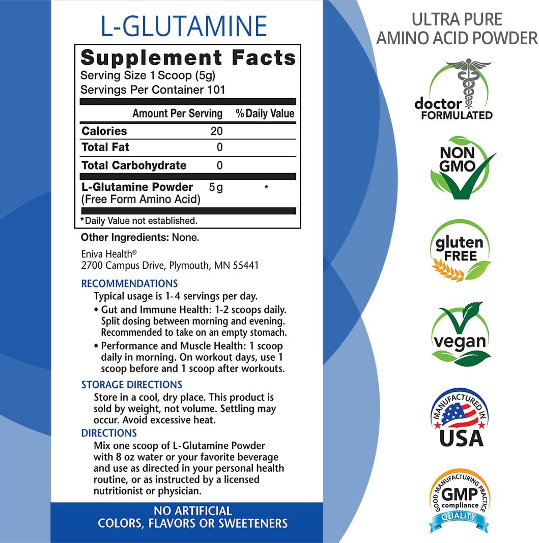 Eniva Health L-Glutamine Powder - Vegan, Gluten-Free, Non-GMO | Doctor-Formulated for Gut Health, Muscle Support, Immune System - 101 Servings