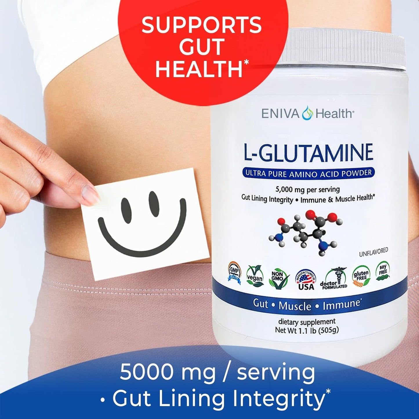 Eniva Health L-Glutamine Powder - Vegan, Gluten-Free, Non-GMO | Doctor-Formulated for Gut Health, Muscle Support, Immune System - 101 Servings