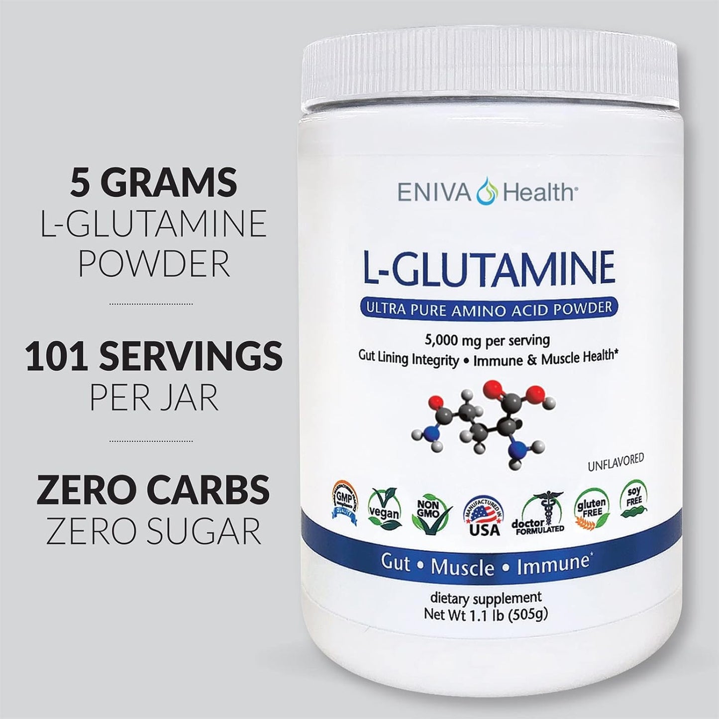 Eniva Health L-Glutamine Powder - Vegan, Gluten-Free, Non-GMO | Doctor-Formulated for Gut Health, Muscle Support, Immune System - 101 Servings