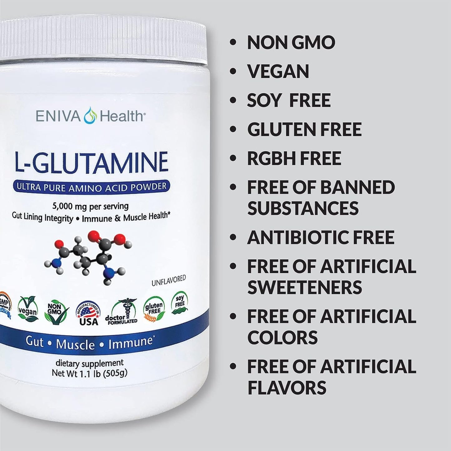 Eniva Health L-Glutamine Powder - Vegan, Gluten-Free, Non-GMO | Doctor-Formulated for Gut Health, Muscle Support, Immune System - 101 Servings