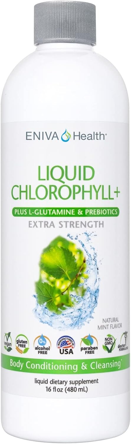 Eniva Health Liquid Chlorophyll Super Greens Mint Flavor - 24K MG with Prebiotic & L-Glutamine for Skin, Immunity, Energy, Detox, Gut Health - Vegan, Gluten & Alcohol-Free - 48 Servings, USA Made
