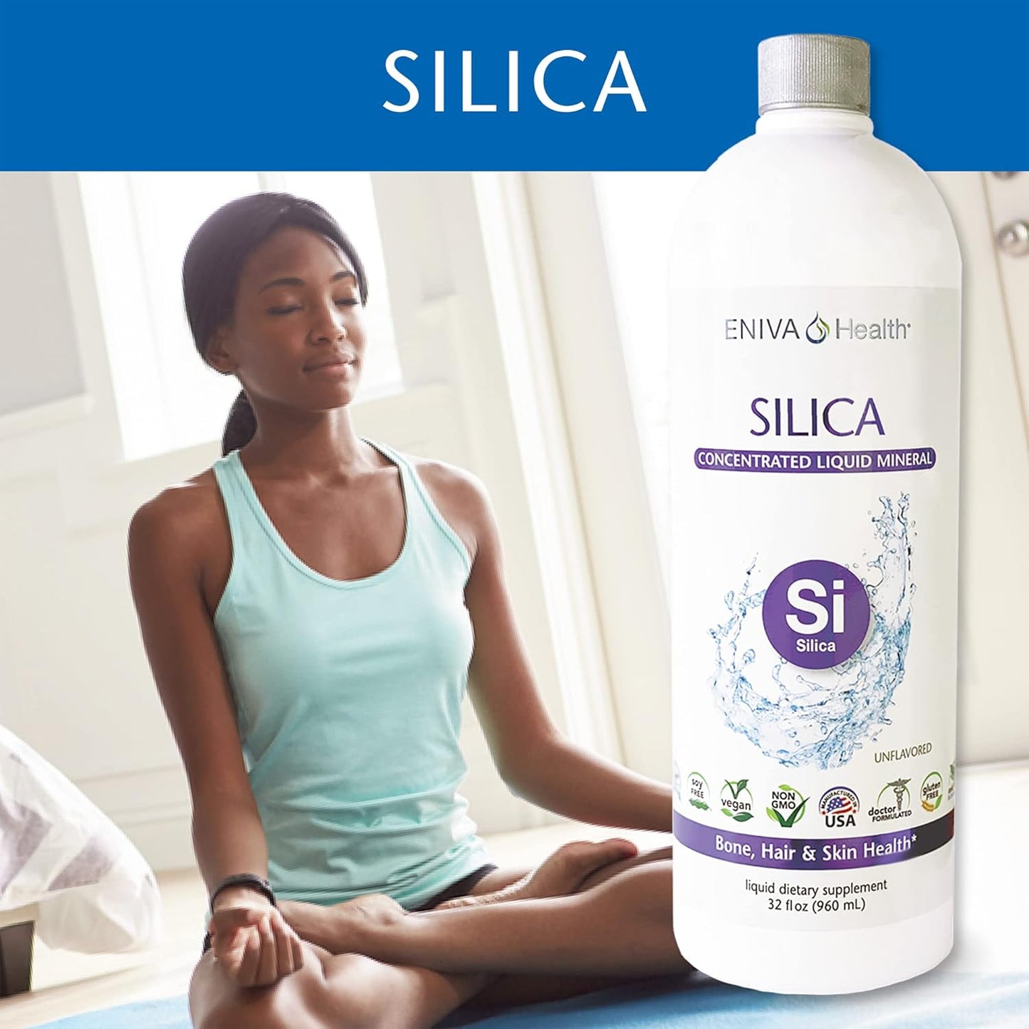 Eniva Health Liquid Ionic Silica Supplement 2 MG - Supports Collagen & Elastin Production for Joints, Bones, Skin, Hair, Nails - Keto, Gluten Free - 32 Servings