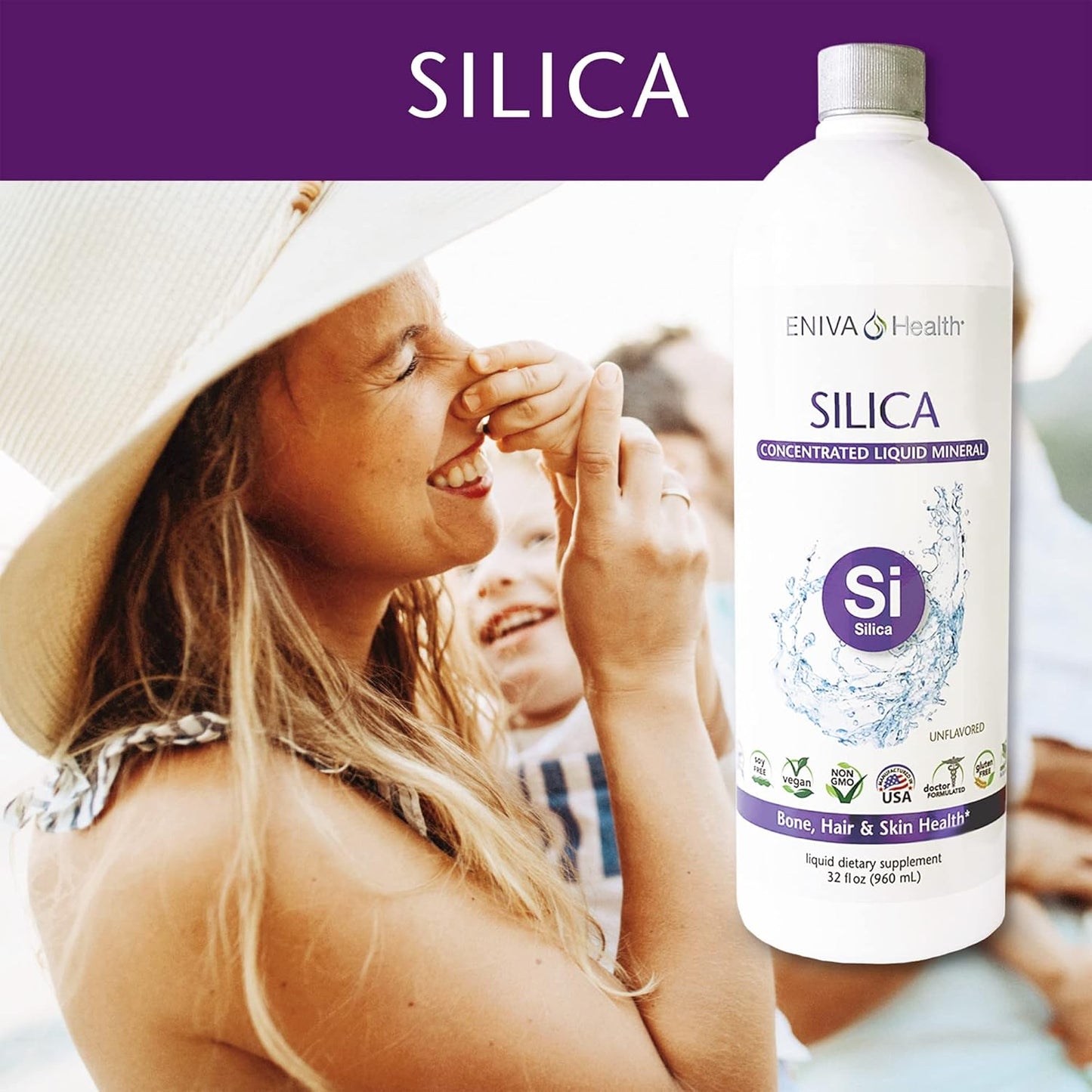 Eniva Health Liquid Ionic Silica Supplement 2 MG - Supports Collagen & Elastin Production for Joints, Bones, Skin, Hair, Nails - Keto, Gluten Free - 32 Servings