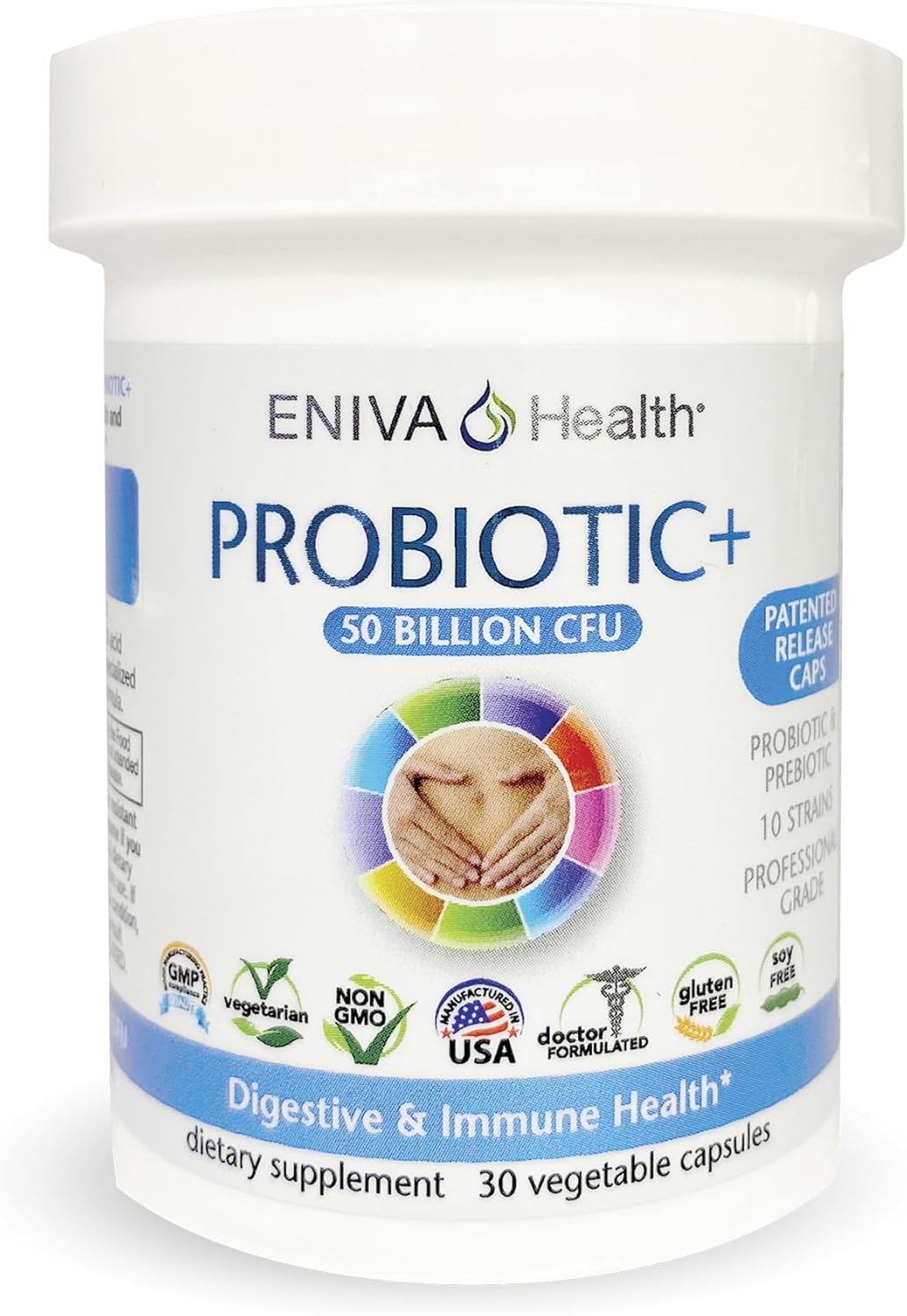 Eniva Health Probiotic with Prebiotic - 10 Strains, 50 Billion CFUs, 30 Capsules - Doctor Formulated, Patented Release - No Fillers