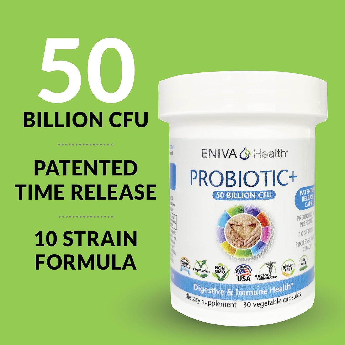 Eniva Health Probiotic with Prebiotic - 10 Strains, 50 Billion CFUs, 30 Capsules - Doctor Formulated, Patented Release - No Fillers