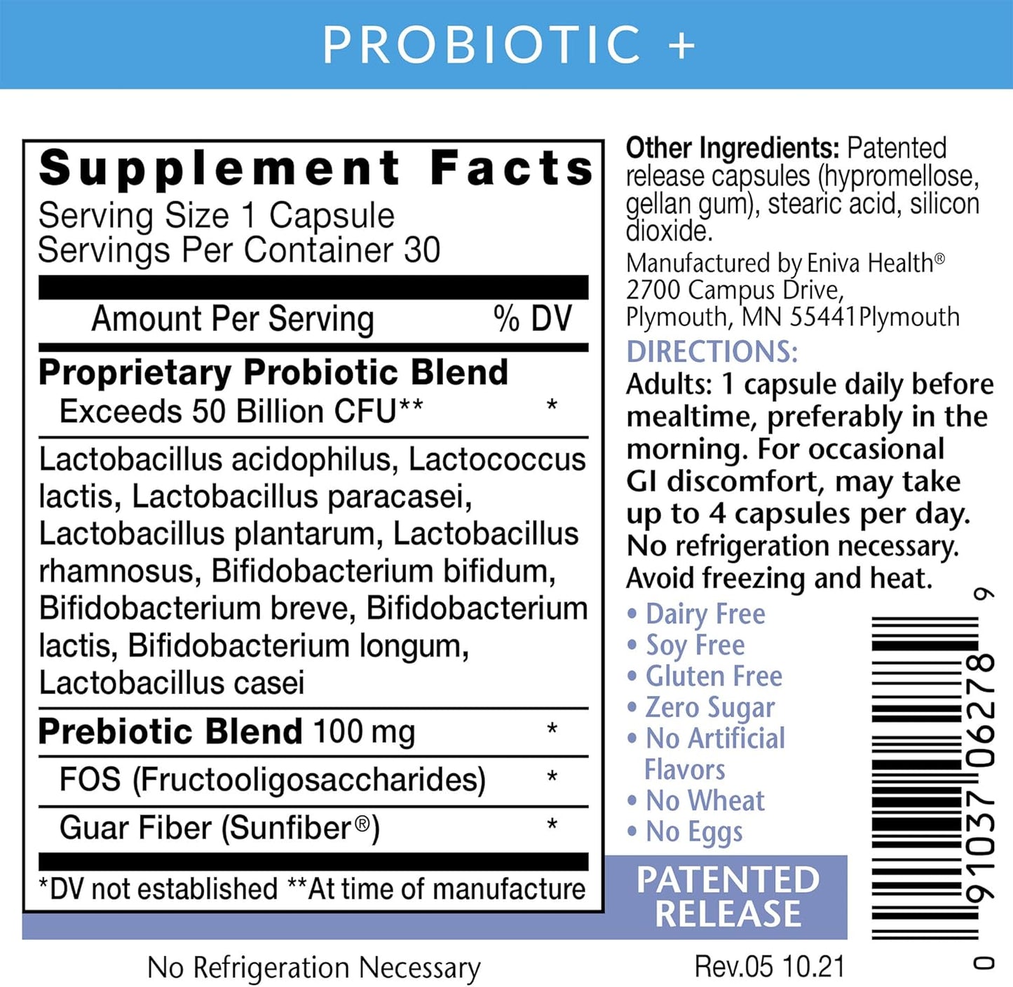 Eniva Health Probiotic with Prebiotic - 10 Strains, 50 Billion CFUs, 30 Capsules - Doctor Formulated, Patented Release - No Fillers