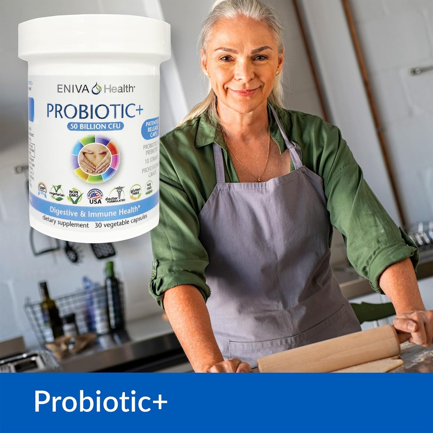 Eniva Health Probiotic with Prebiotic - 10 Strains, 50 Billion CFUs, 30 Capsules - Doctor Formulated, Patented Release - No Fillers