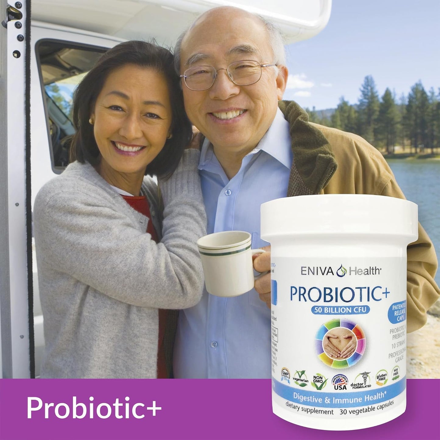 Eniva Health Probiotic with Prebiotic - 10 Strains, 50 Billion CFUs, 30 Capsules - Doctor Formulated, Patented Release - No Fillers