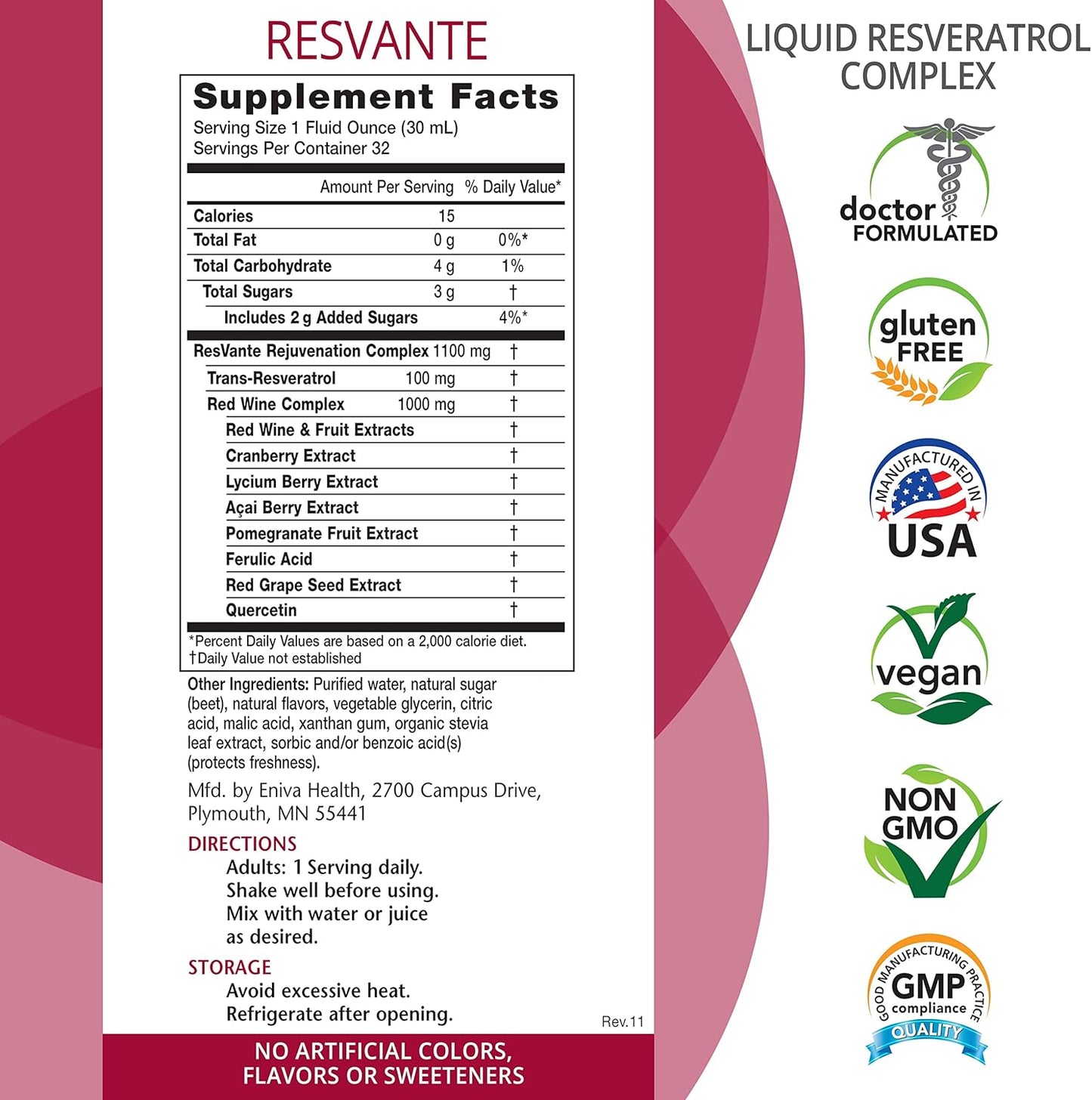 Eniva ResVante Liquid Resveratrol Supplement - Highest Potency Anti-Aging Formula - 32 Ounce Bottle