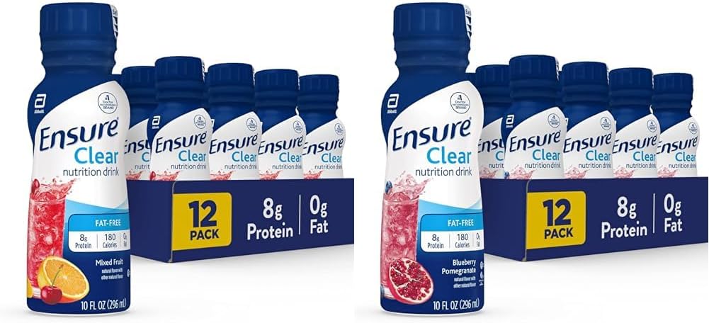 Ensure Clear Nutrition Drink - Mixed Fruit & Blueberry Pomegranate Flavors, 0g Fat, 8g Protein, 10 Fl Oz, Pack of 12