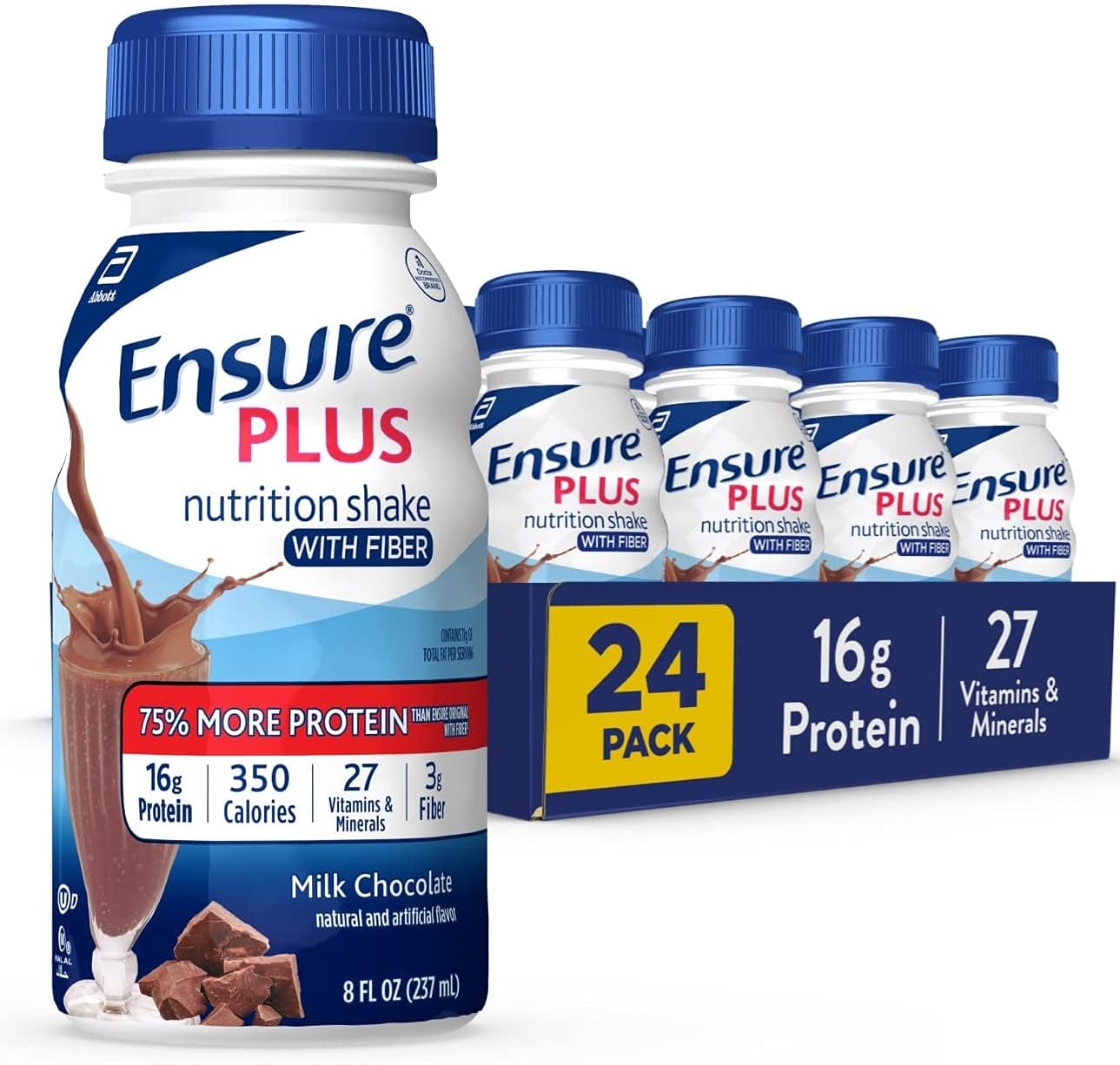 Ensure Plus Nutrition Shake with 16g Protein & Fiber, Meal Replacement, Milk Chocolate, 8 fl oz (Pack of 24) - Gluten Free
