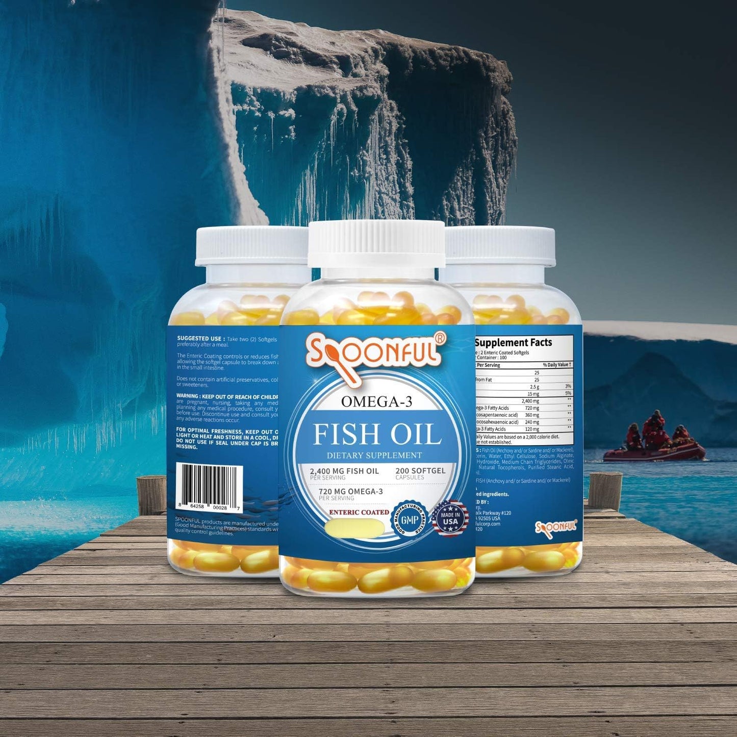 Enteric Coated Omega 3 Fish Oil 2400mg, 200 Capsules, Burpless, Rapid Release Softgels, USA Made, NSF-Certified