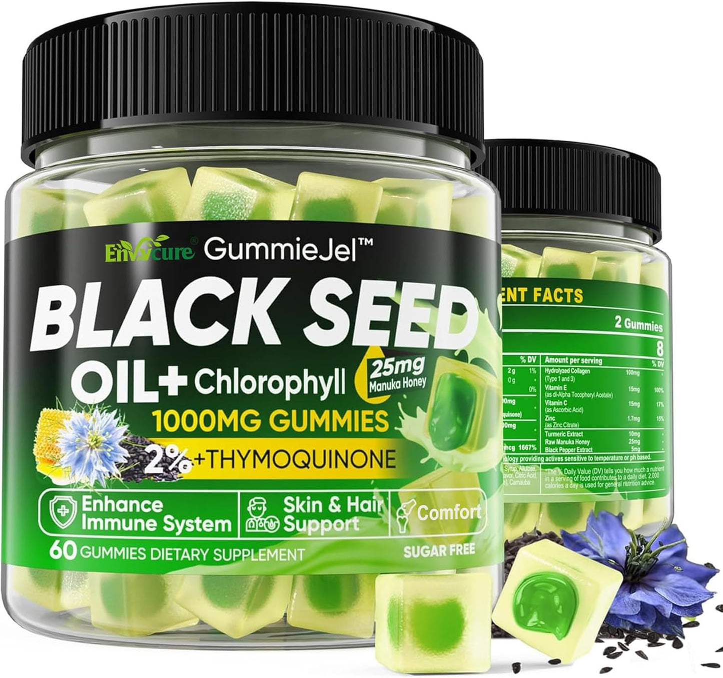 EnvyCure Black Seed Oil Gummies with Chlorophyll, Biotin, Collagen, Manuka Honey - Skin, Hair, Nails Health, Digestive Support - Sugar Free