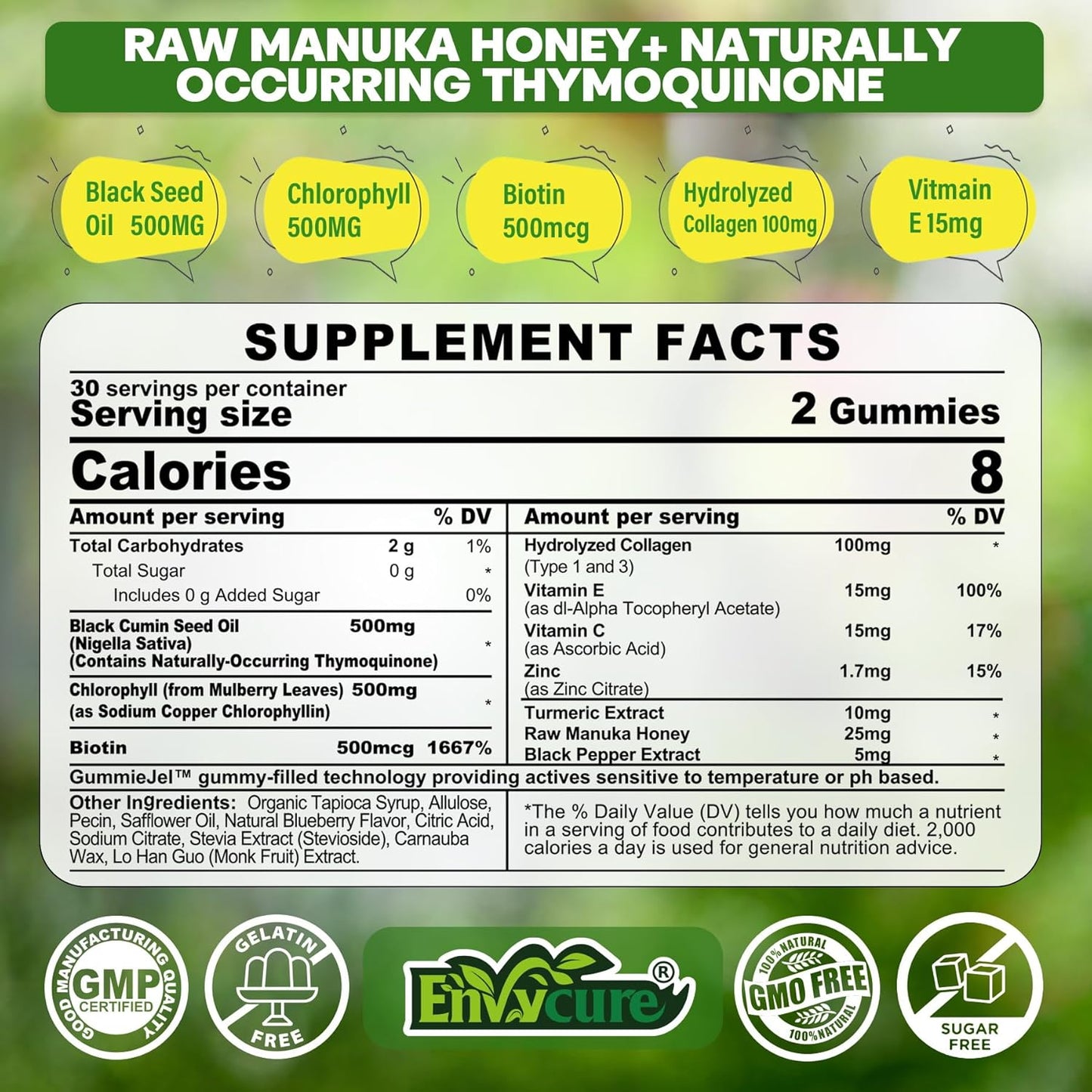 EnvyCure Black Seed Oil Gummies with Chlorophyll, Biotin, Collagen, Manuka Honey - Skin, Hair, Nails Health, Digestive Support - Sugar Free