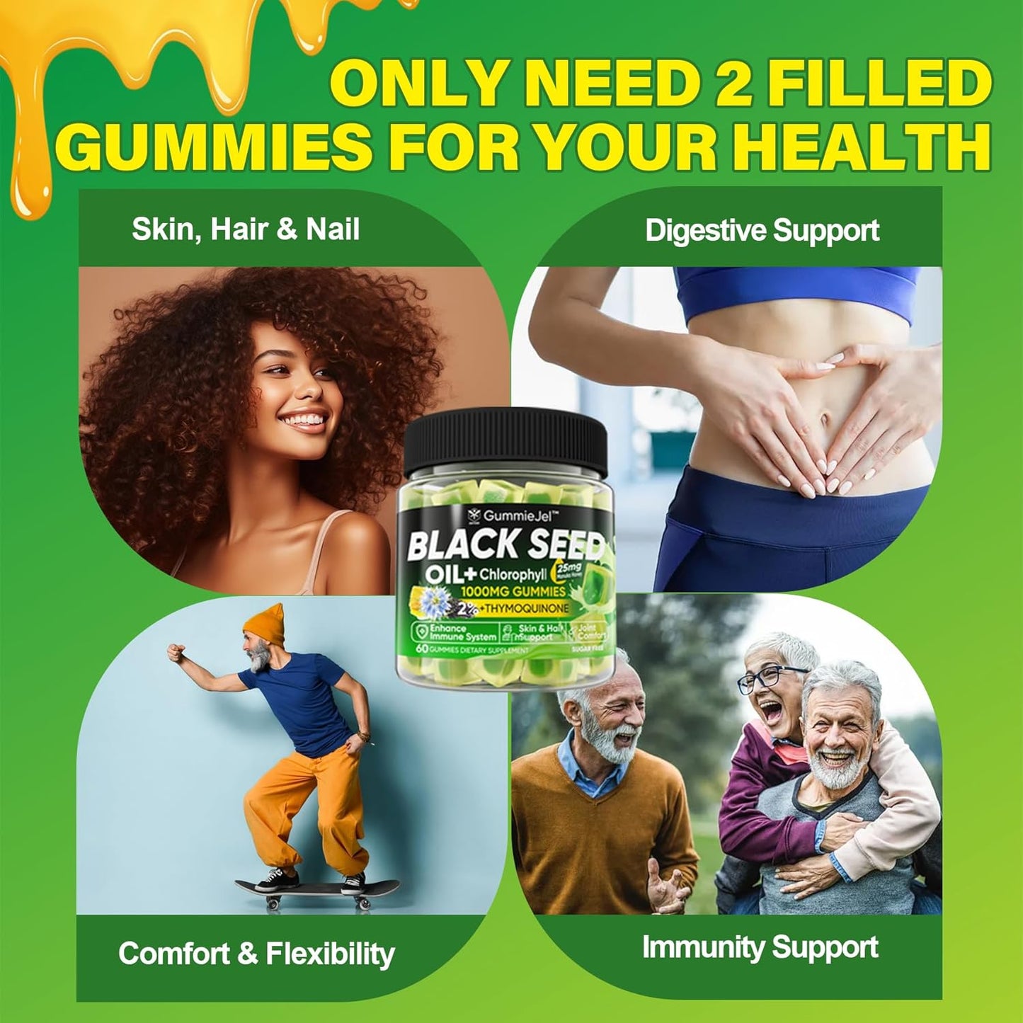 EnvyCure Black Seed Oil Gummies with Chlorophyll, Biotin, Collagen, Manuka Honey - Skin, Hair, Nails Health, Digestive Support - Sugar Free